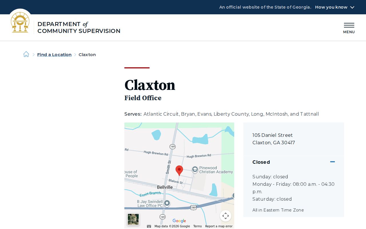 Georgia Department of Community Supervision Claxton office page