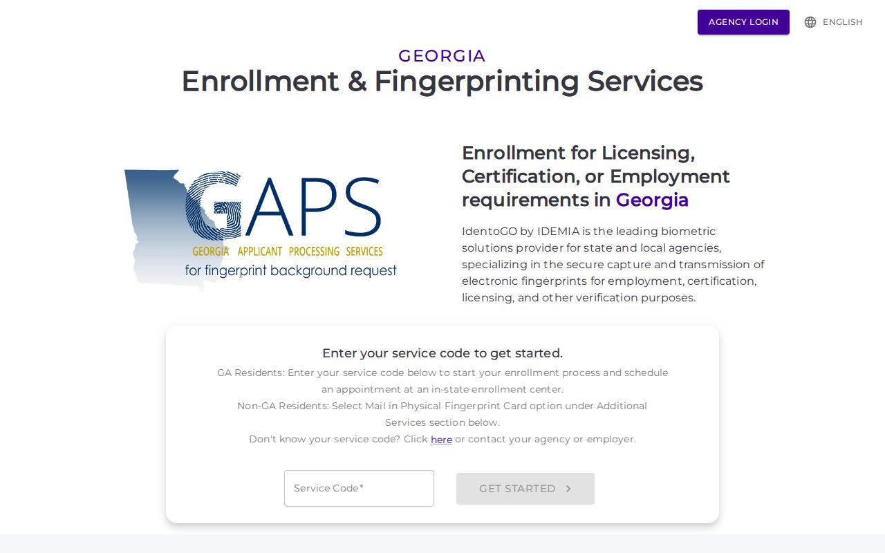 Georgia GAPS IdentoGO fingerprint appointment page
