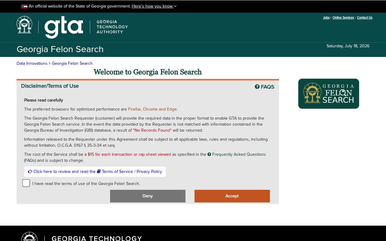 Georgia Felon Search official entry page