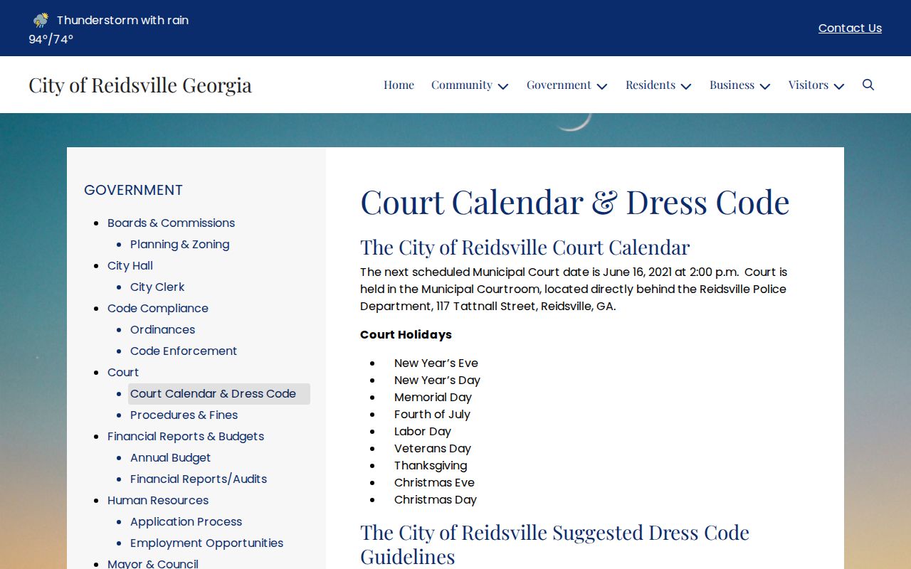 Reidsville Municipal Court calendar and dress-code page