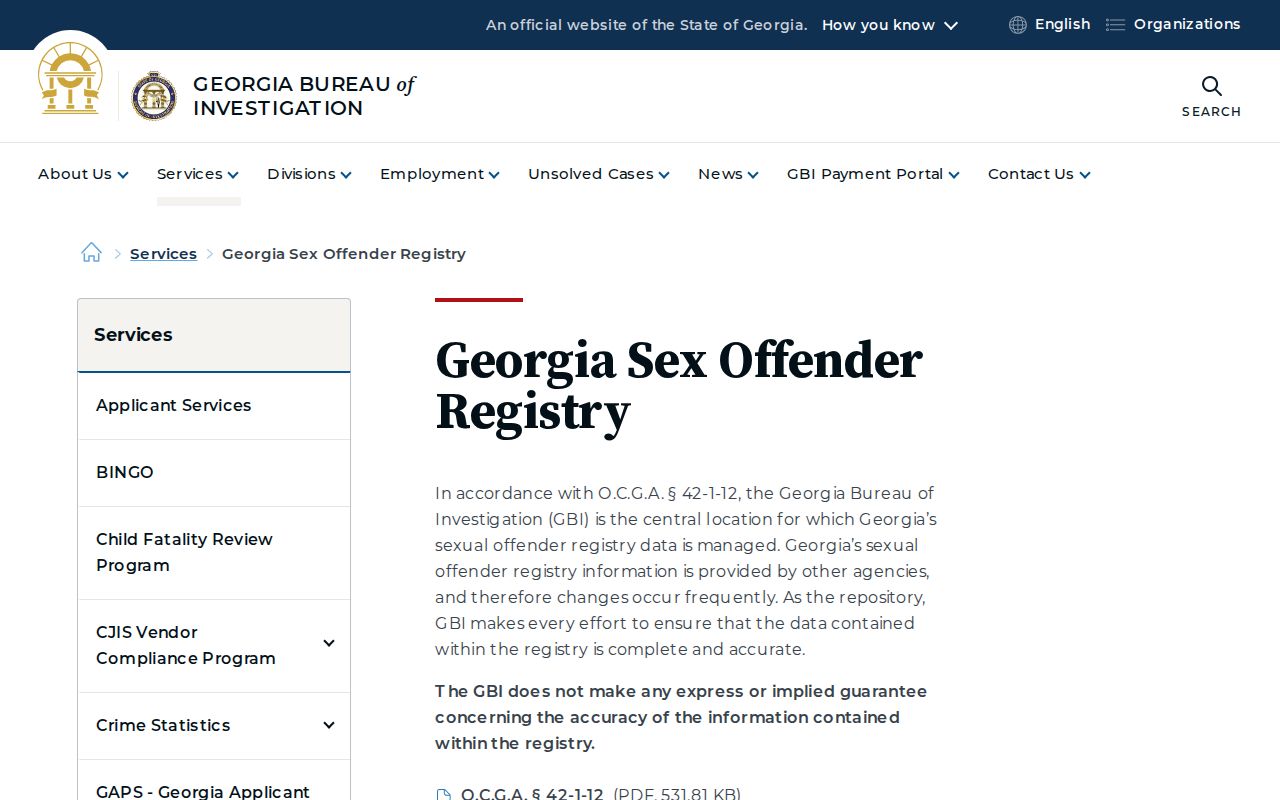 Georgia Bureau of Investigation sex offender registry information page