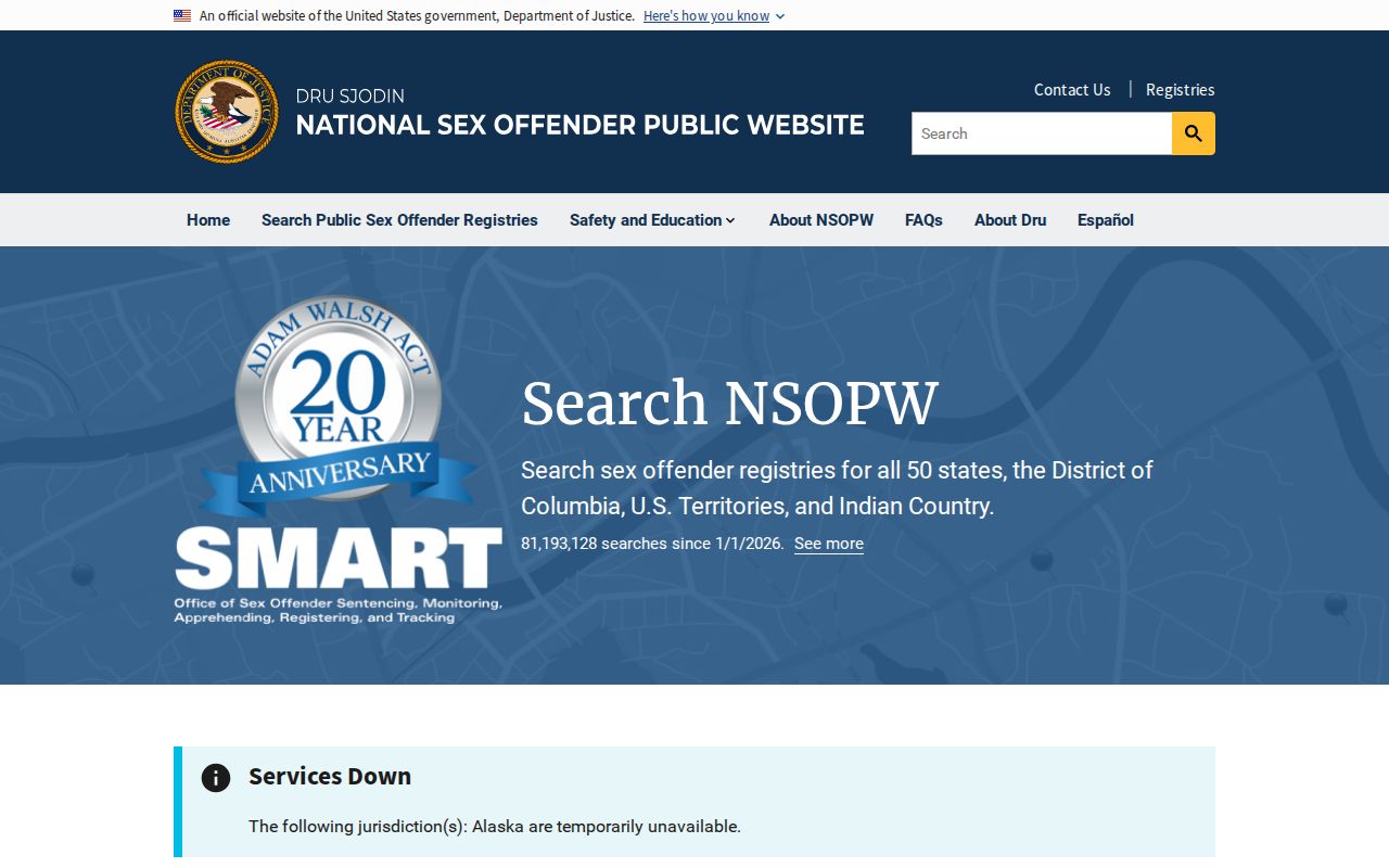 United States Department of Justice national sex offender public website search